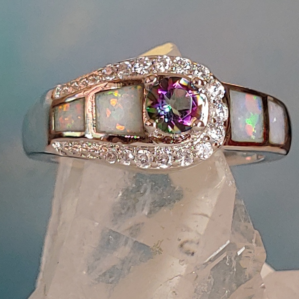 🆕🌈 Rainbow Topaz Opal Cubic Cocktail Sz 7 Ring💍
